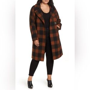 Rachel Roy Women’s XL Plaid Oversized Long Wool Coat Burt Orange & Black